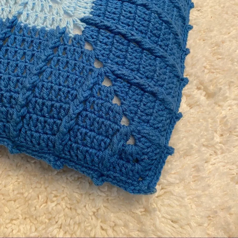 Vintage retro crochet throw pillow accent home decor blue geometric square